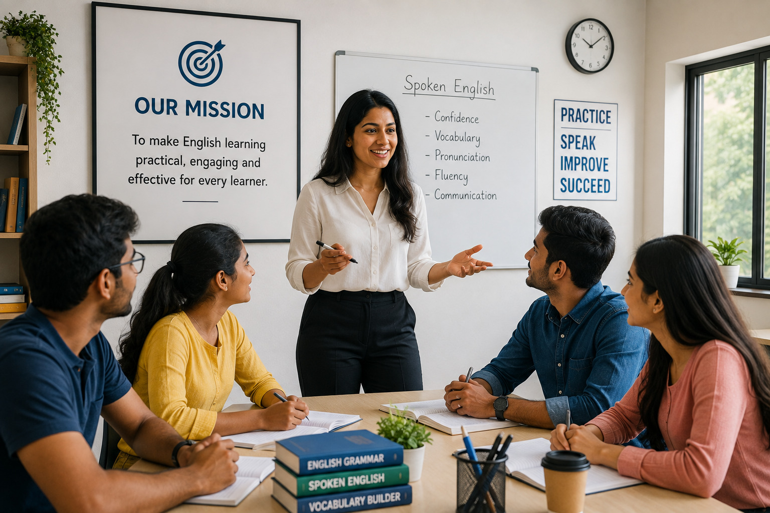Teacher helping students learn English